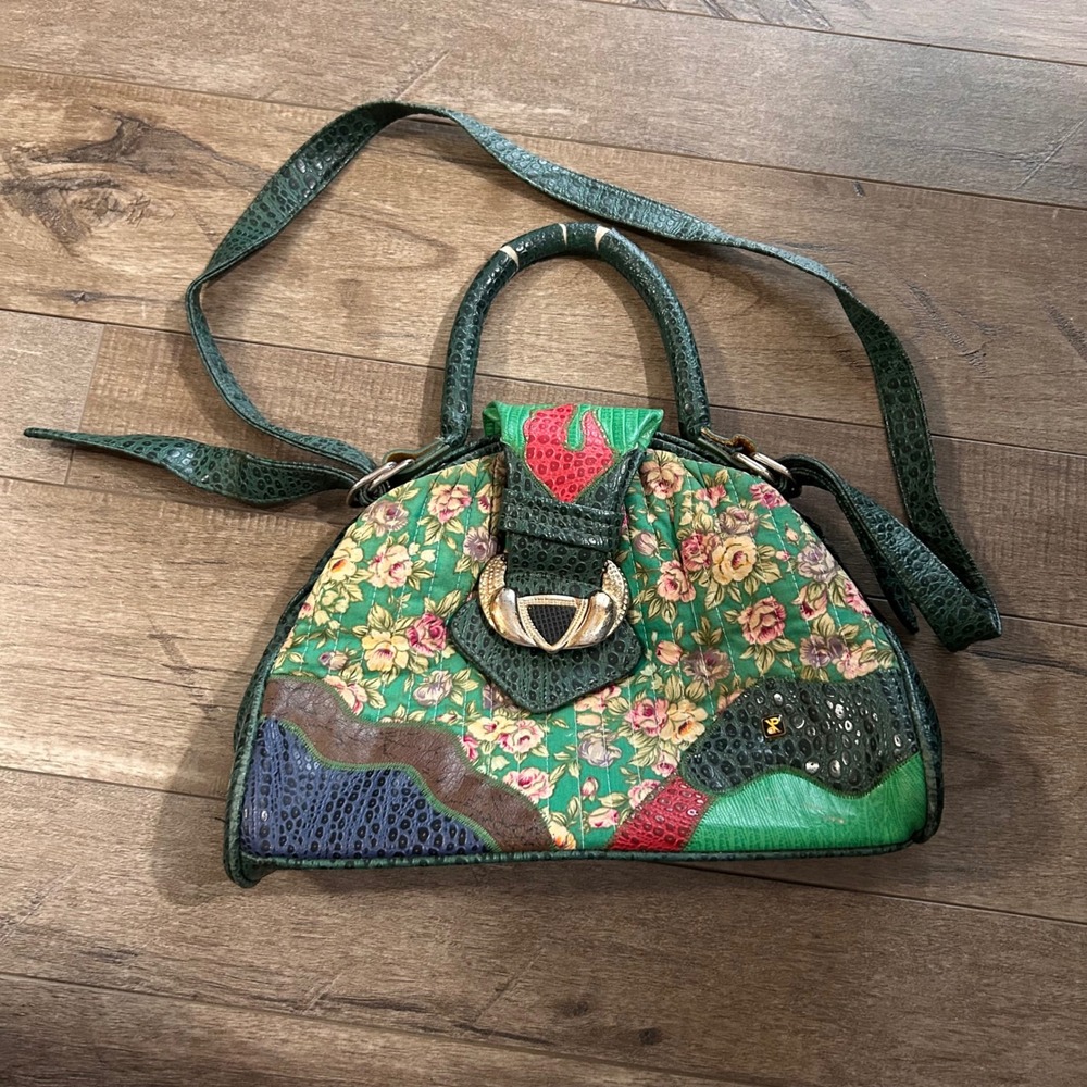 Vintage XP Mixed Media Floral Green Reptile Embossed Leather Crossbody Handbag
